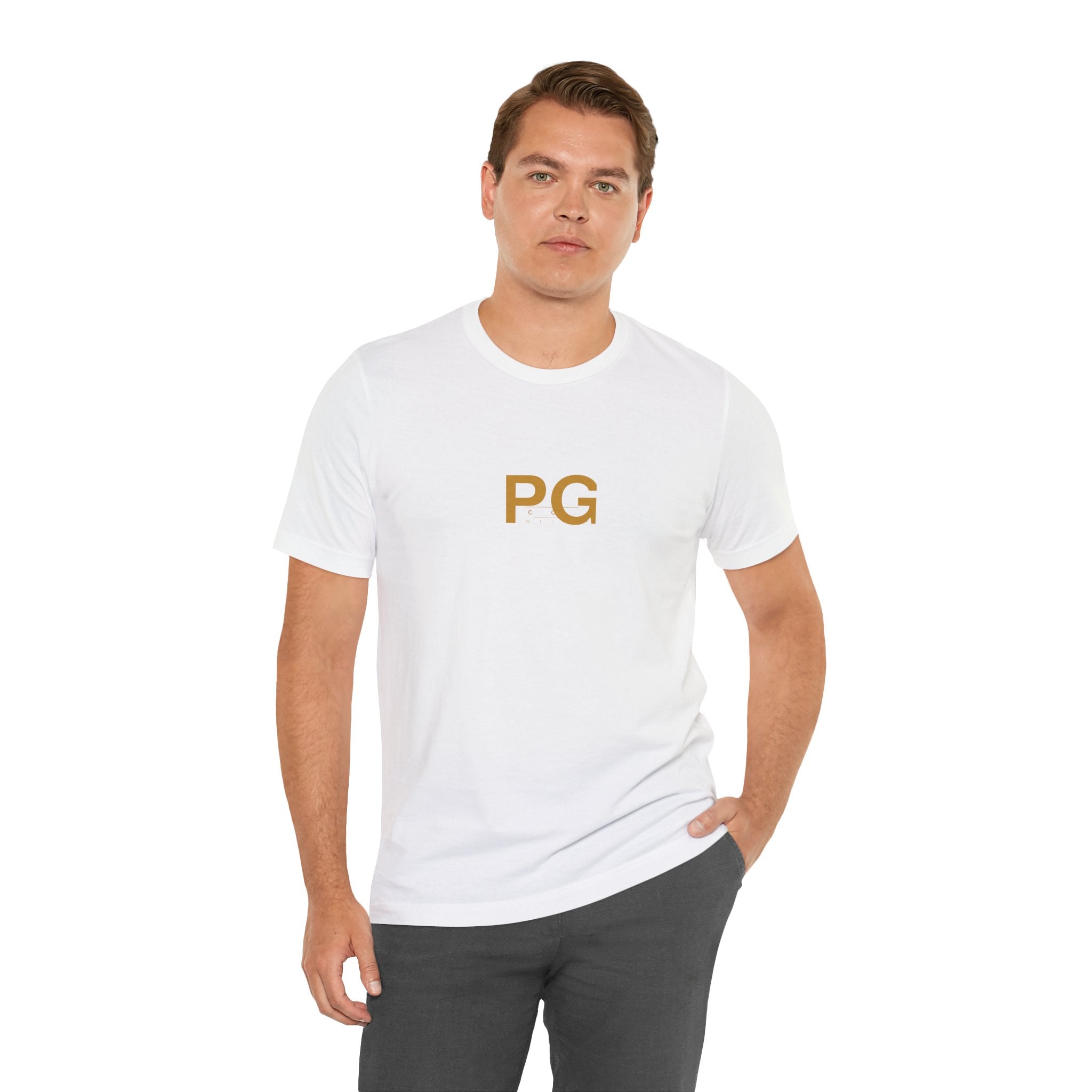 PG Minimalist White Tee — Gold Initials Casual T-Shirt
