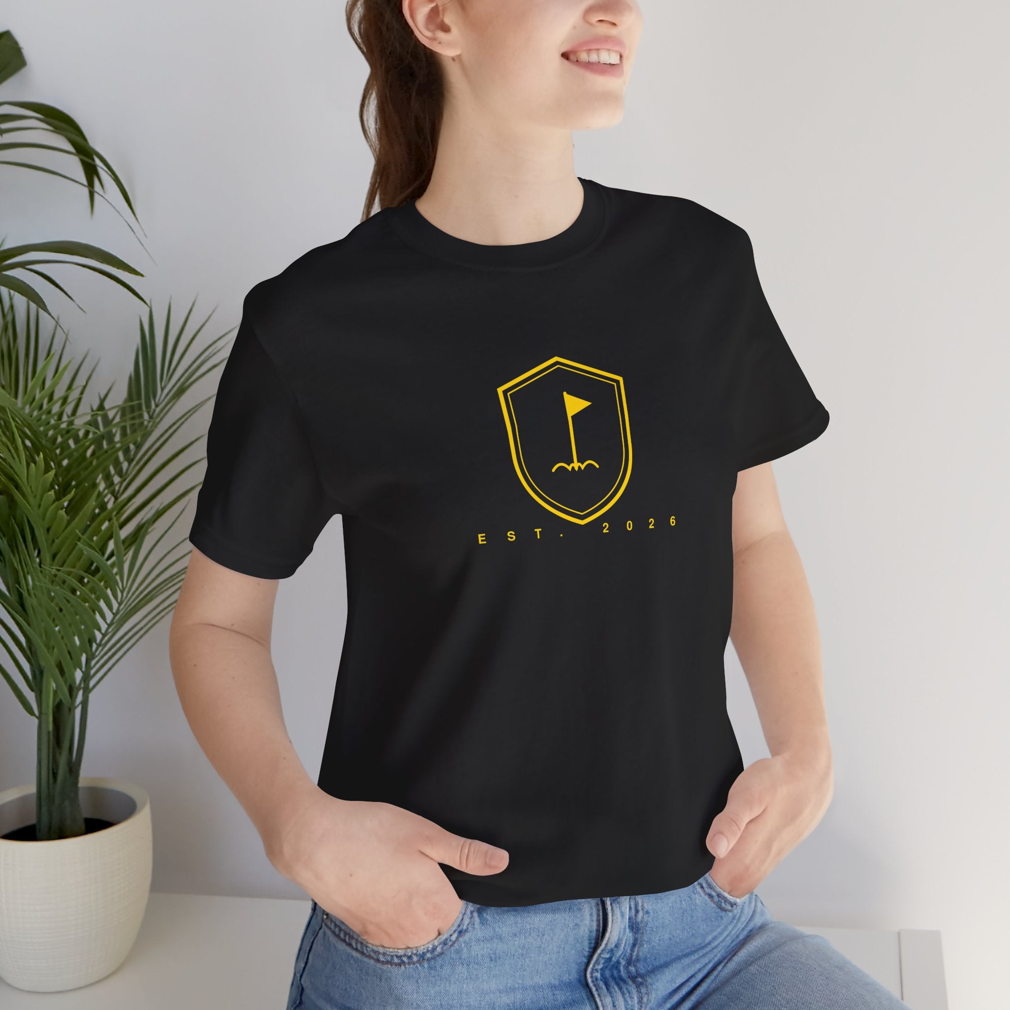 Minimalist Gold Golf Flag T-Shirt — Small Chest Emblem Tee for Golfers