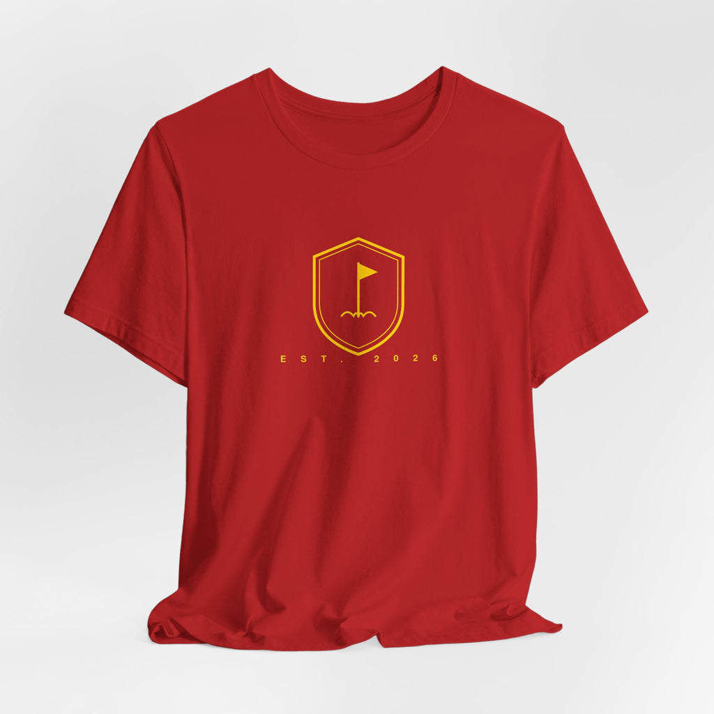 Minimalist Gold Golf Flag T-Shirt — Small Chest Emblem Tee for Golfers