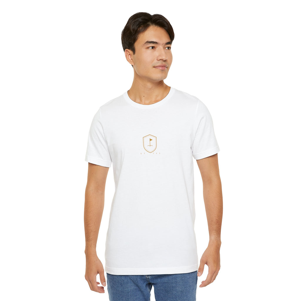 Minimalist Golf Flag T-Shirt — Small Hex Emblem Chest Tee