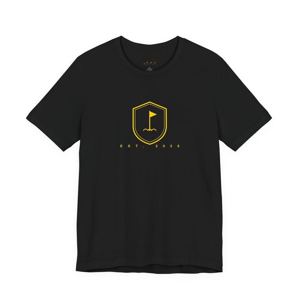 Minimalist Gold Golf Flag T-Shirt — Small Chest Emblem Tee for Golfers