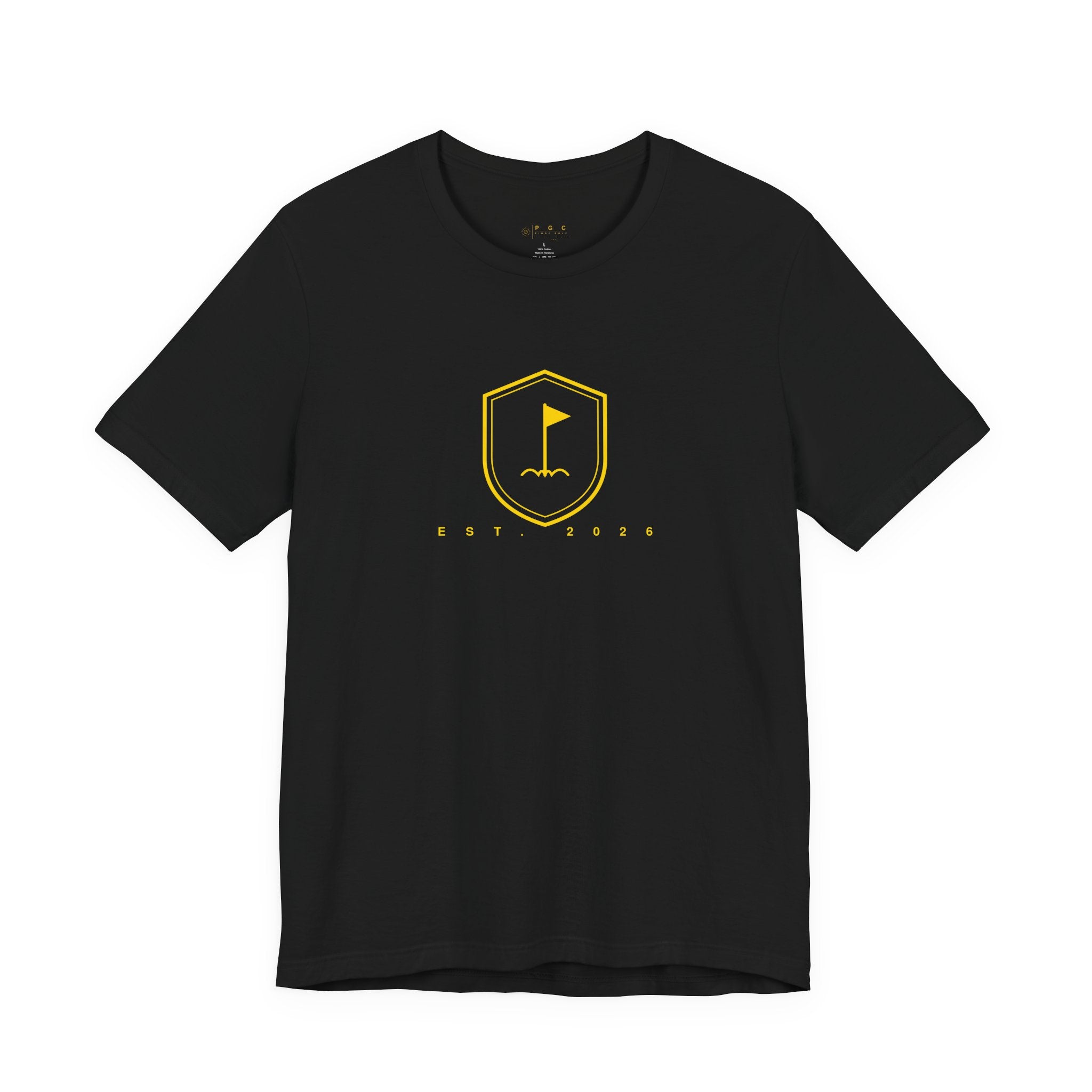Minimalist Gold Golf Flag T-Shirt — Small Chest Emblem Tee for Golfers