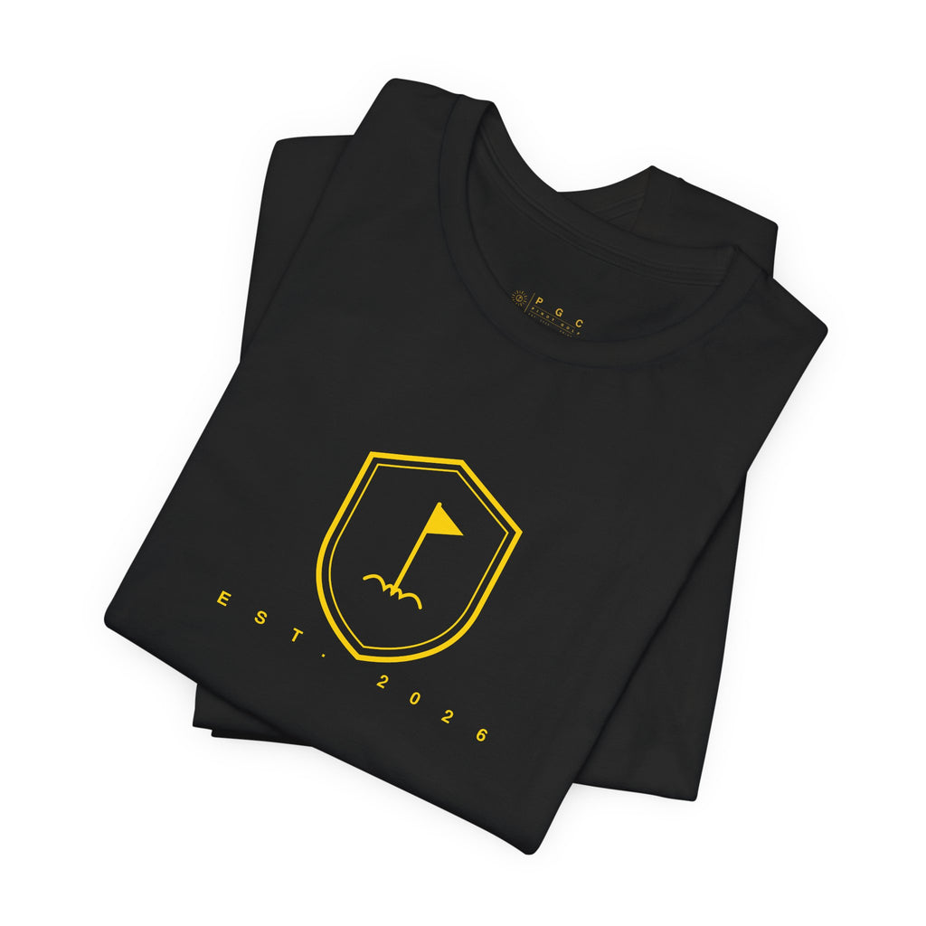 Minimalist Gold Golf Flag T-Shirt — Small Chest Emblem Tee for Golfers