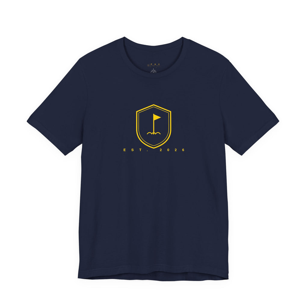 Minimalist Gold Golf Flag T-Shirt — Small Chest Emblem Tee for Golfers