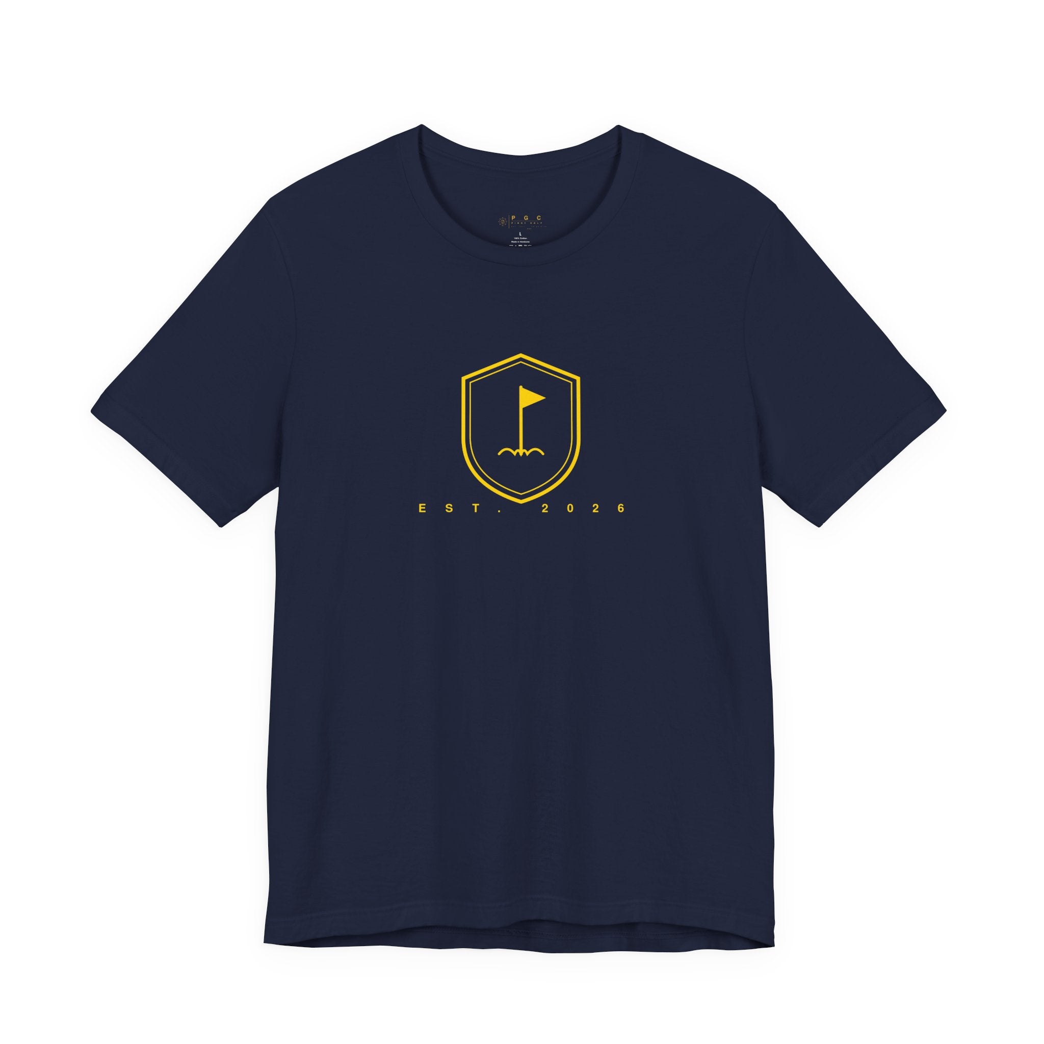 Minimalist Gold Golf Flag T-Shirt — Small Chest Emblem Tee for Golfers