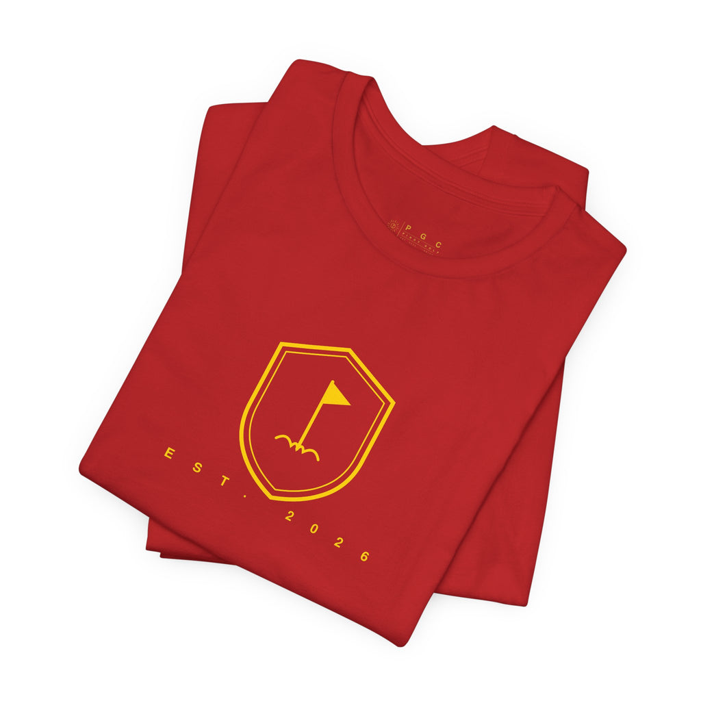 Minimalist Gold Golf Flag T-Shirt — Small Chest Emblem Tee for Golfers