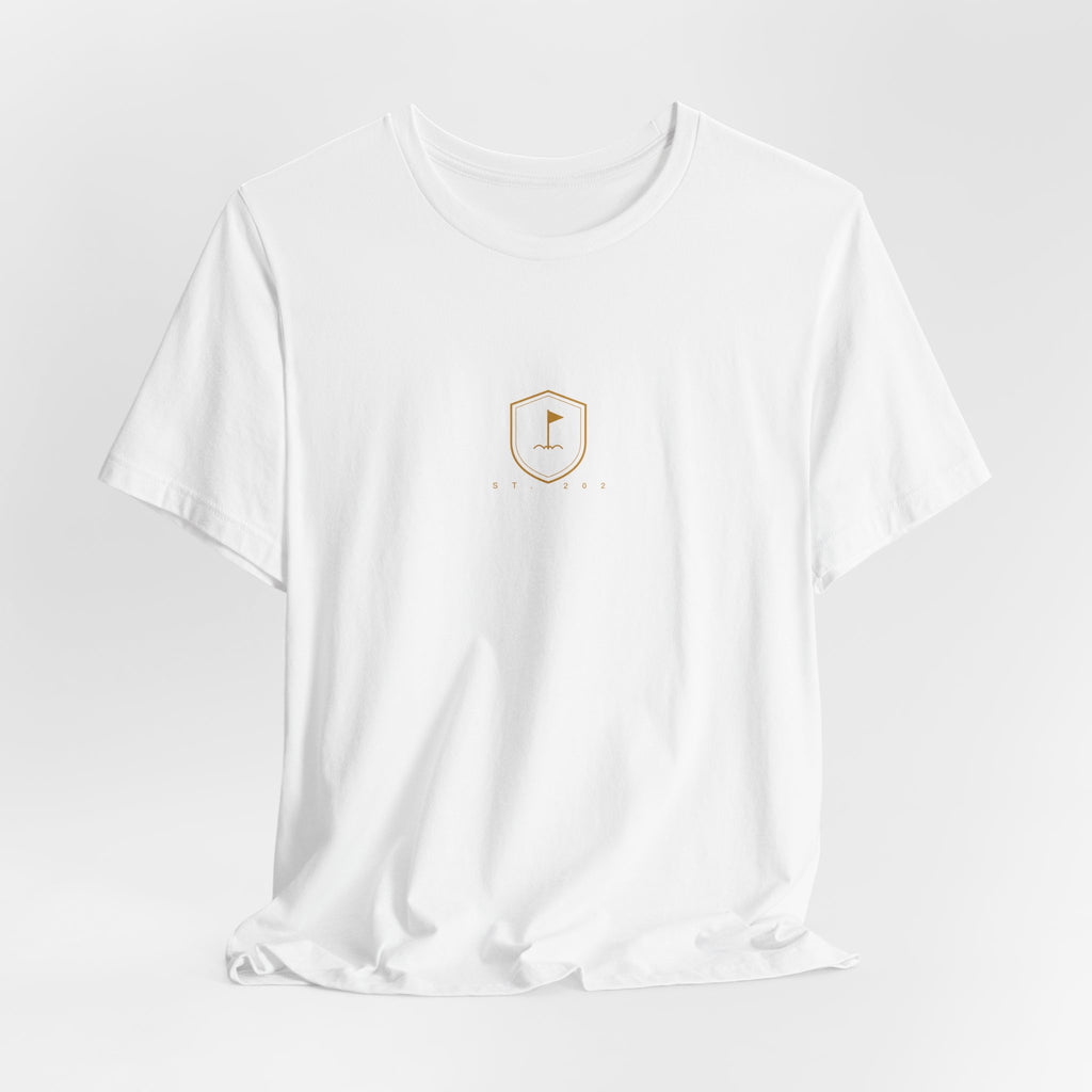 Minimalist Golf Flag T-Shirt — Small Hex Emblem Chest Tee