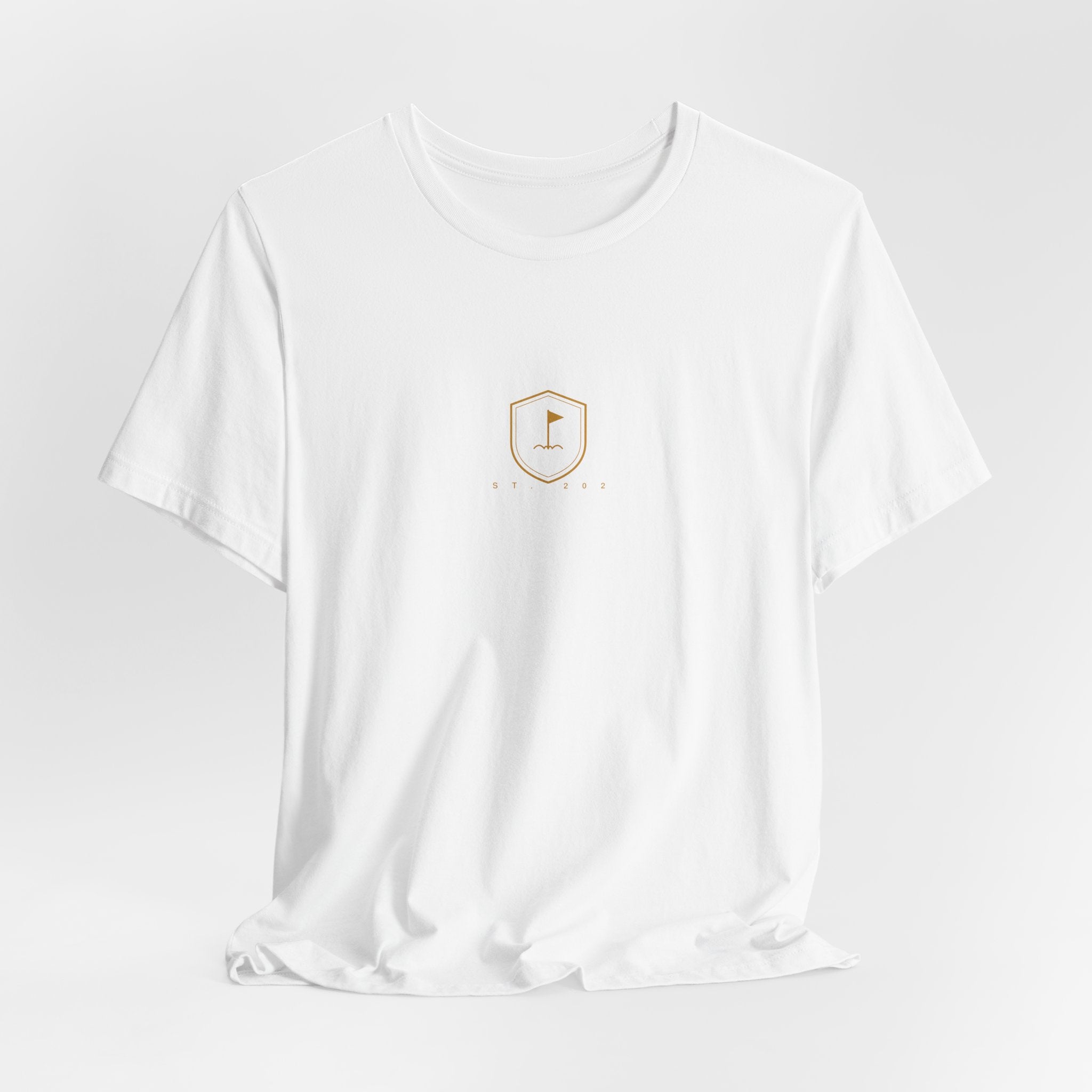Minimalist Golf Flag T-Shirt — Small Hex Emblem Chest Tee