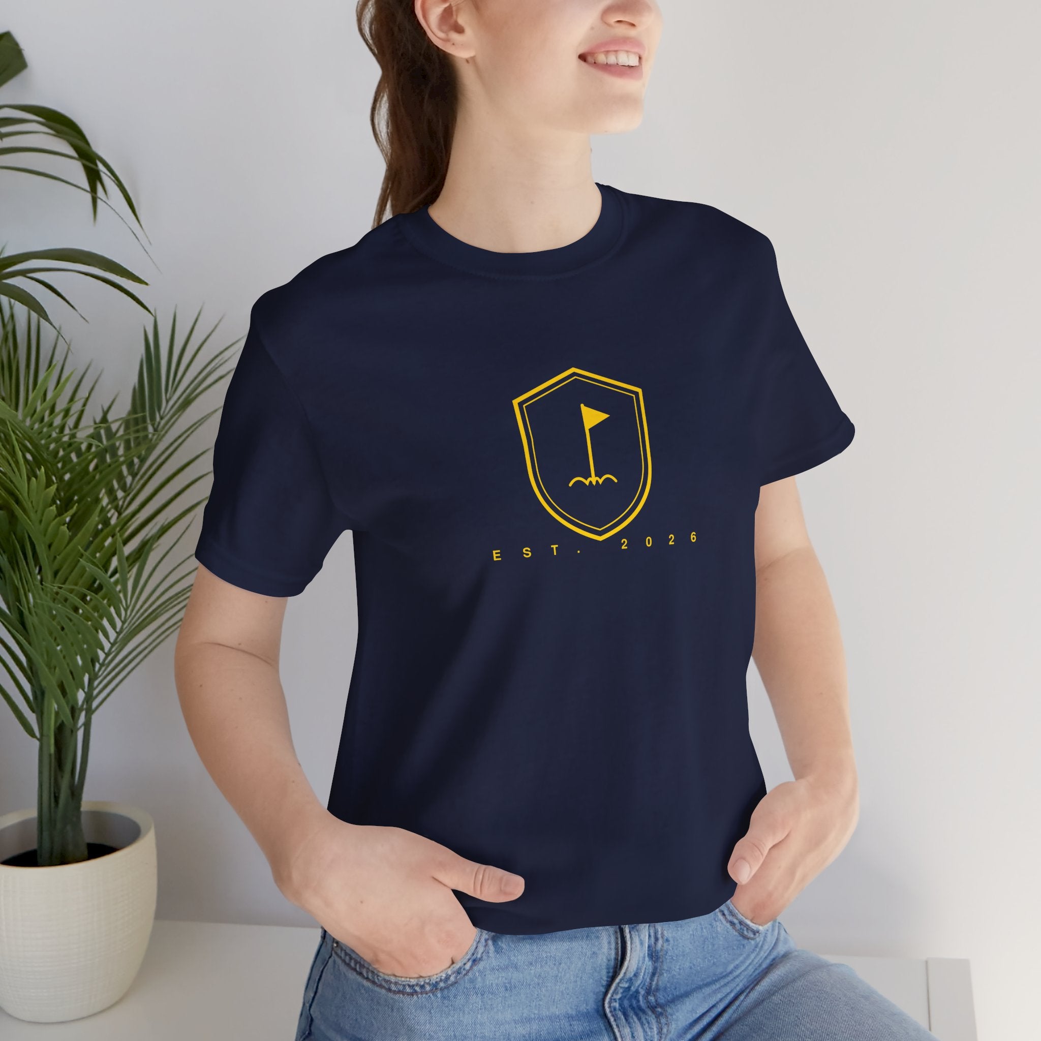Minimalist Gold Golf Flag T-Shirt — Small Chest Emblem Tee for Golfers