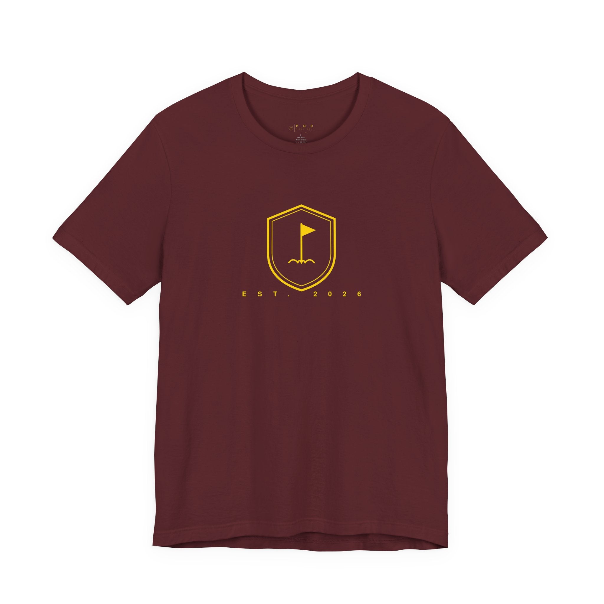 Minimalist Gold Golf Flag T-Shirt — Small Chest Emblem Tee for Golfers