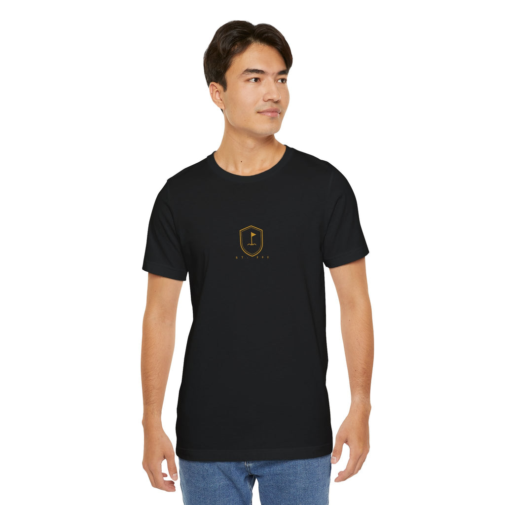 Minimalist Golf Flag T-Shirt — Small Hex Emblem Chest Tee