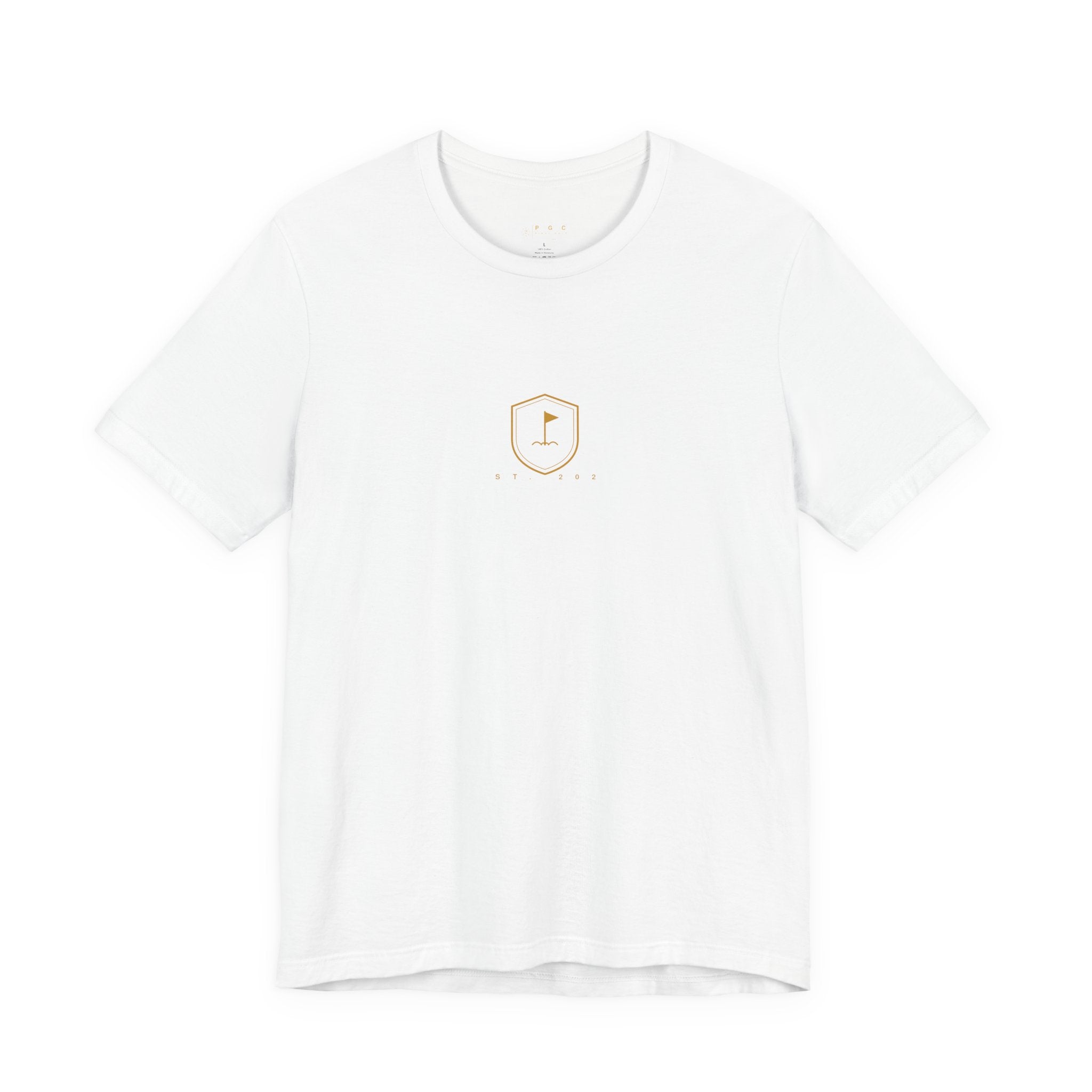 Minimalist Golf Flag T-Shirt — Small Hex Emblem Chest Tee