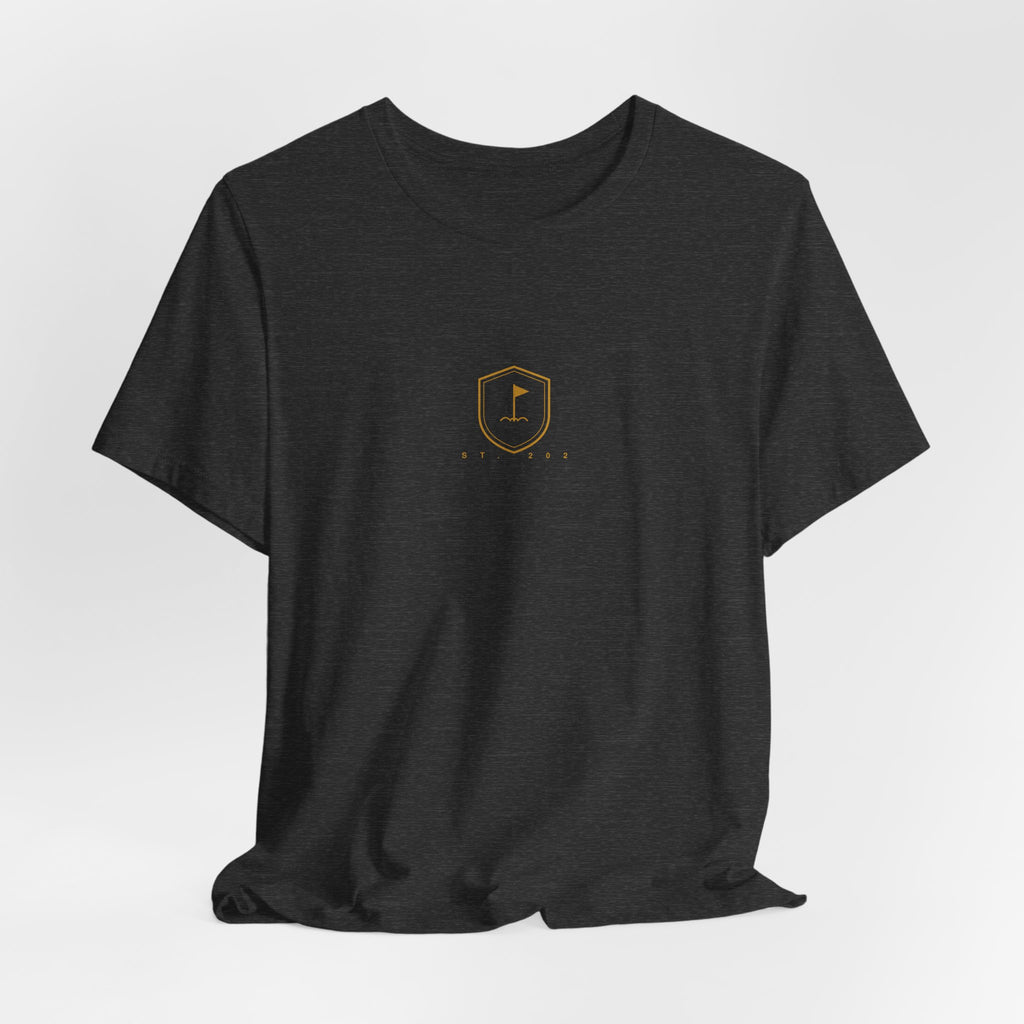 Minimalist Golf Flag T-Shirt — Small Hex Emblem Chest Tee