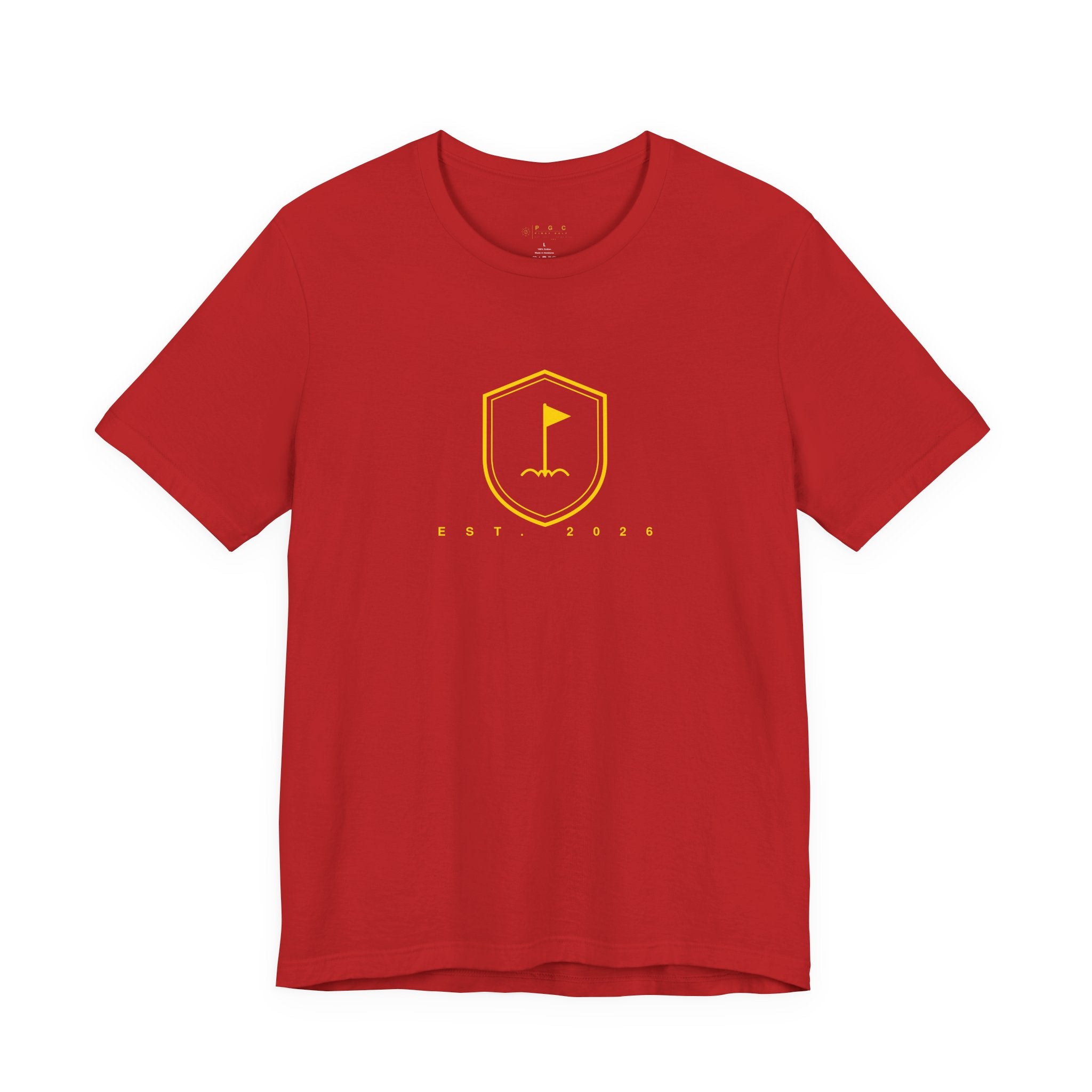 Minimalist Gold Golf Flag T-Shirt — Small Chest Emblem Tee for Golfers