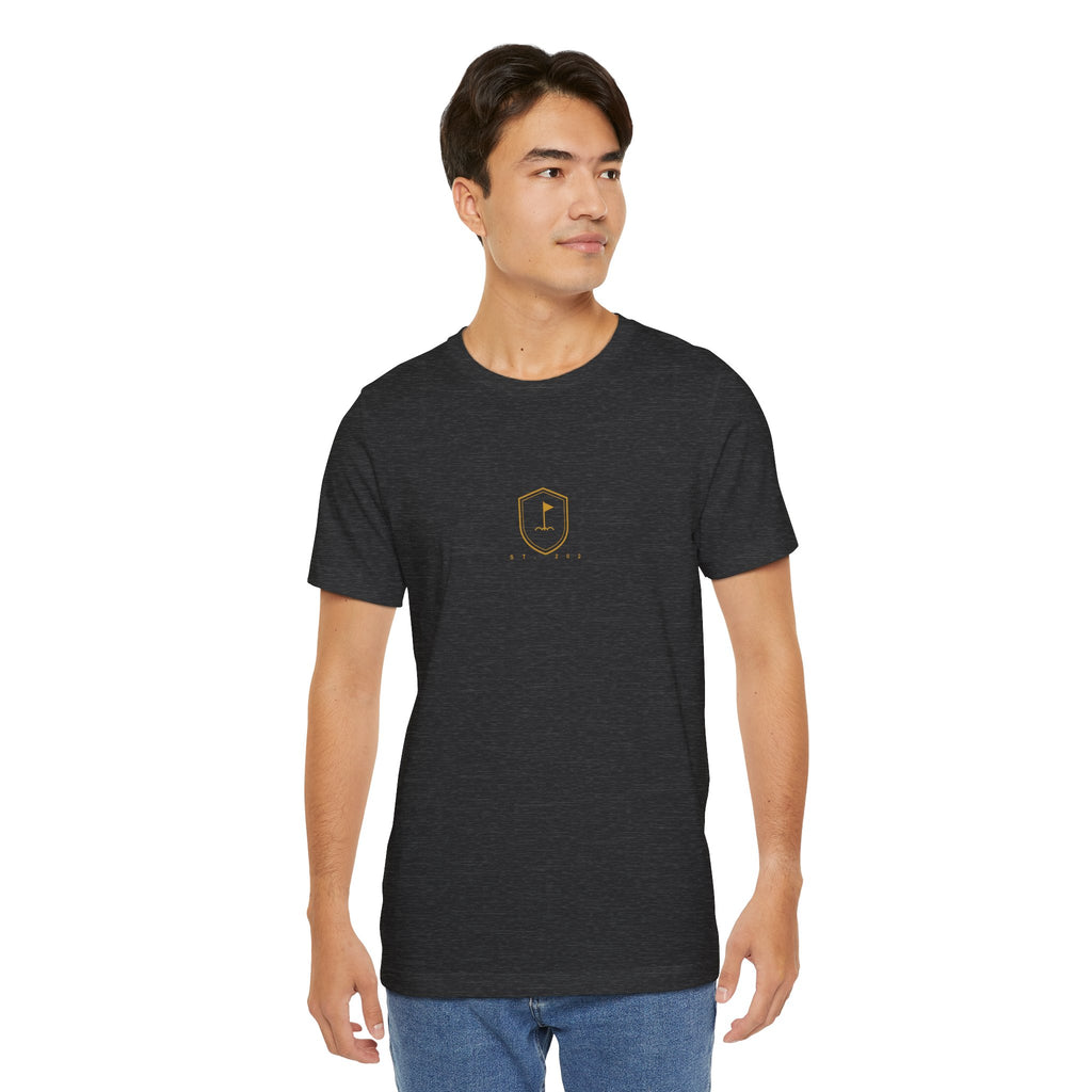 Minimalist Golf Flag T-Shirt — Small Hex Emblem Chest Tee