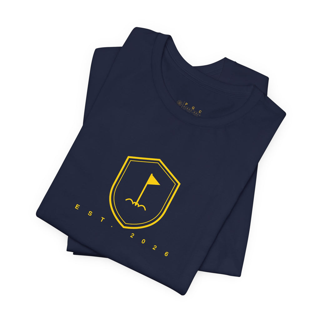 Minimalist Gold Golf Flag T-Shirt — Small Chest Emblem Tee for Golfers