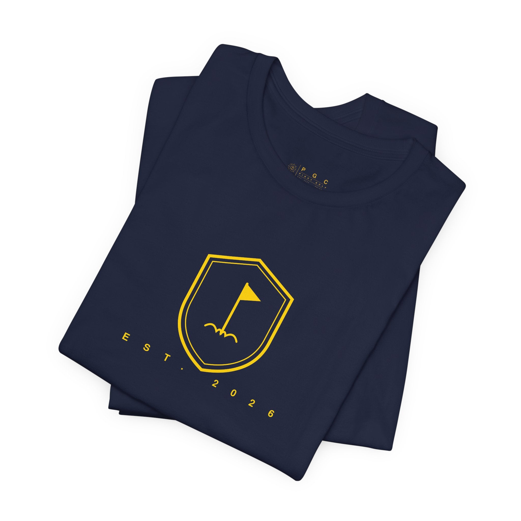 Minimalist Gold Golf Flag T-Shirt — Small Chest Emblem Tee for Golfers