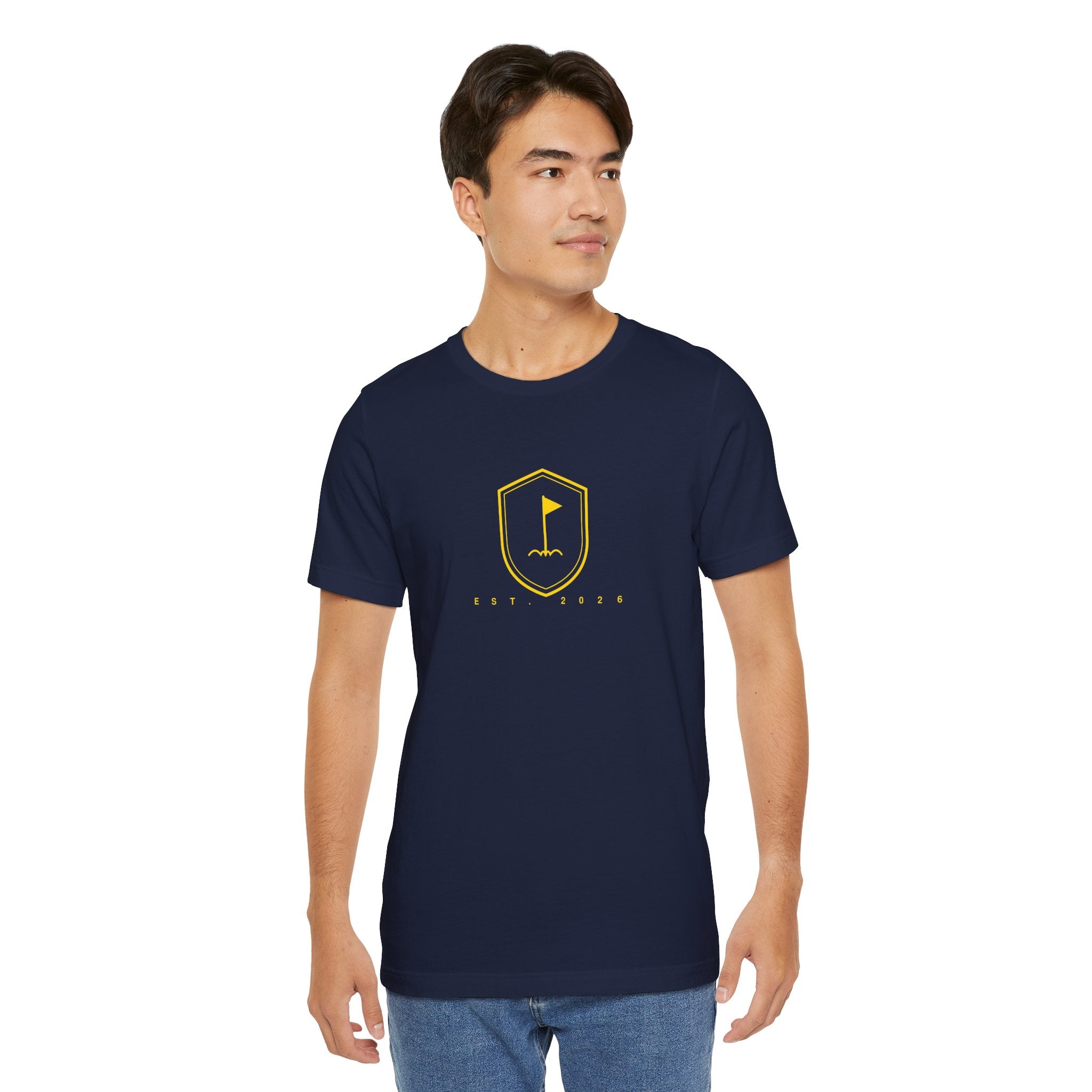 Minimalist Gold Golf Flag T-Shirt — Small Chest Emblem Tee for Golfers